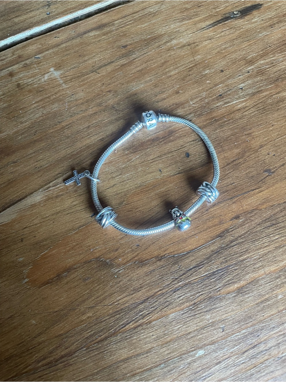 Pandora Silver Bracelet with Winnie the Pooh, Cross, & Braided snap charm